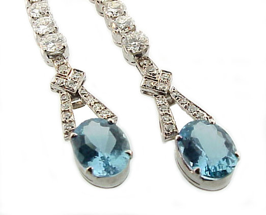 Platinum, Diamond &amp; Aquamarine Drop Earrings