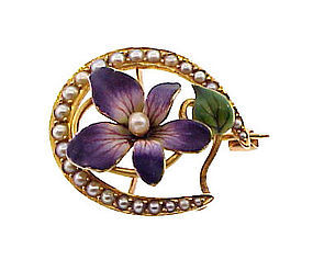 Art Nouveau 14K Gold Enamel Pearl Violet Horseshoe Pin