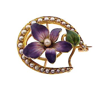 Art Nouveau 14K Gold Enamel Pearl Violet Horseshoe Pin