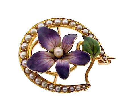 Art Nouveau 14K Gold Enamel Pearl Violet Horseshoe Pin