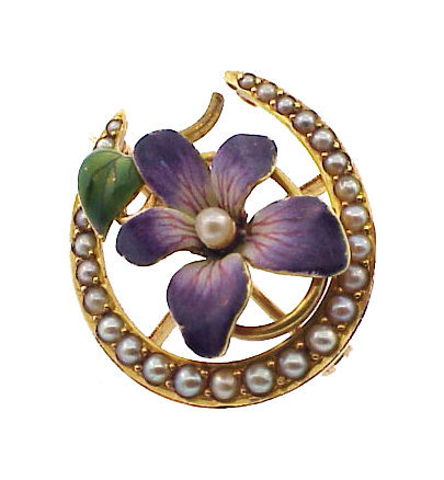 Art Nouveau 14K Gold Enamel Pearl Violet Horseshoe Pin