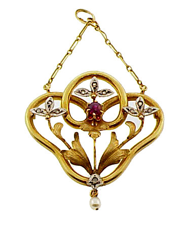 French Art Nouveau 18K Gold Diamond Ruby Pearl Pendant