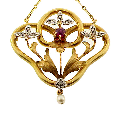 French Art Nouveau 18K Gold Diamond Ruby Pearl Pendant