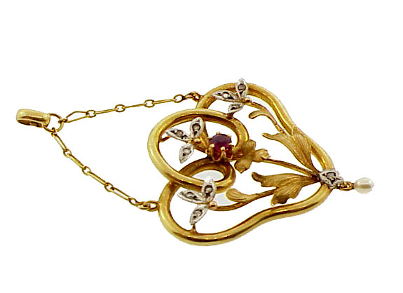 French Art Nouveau 18K Gold Diamond Ruby Pearl Pendant