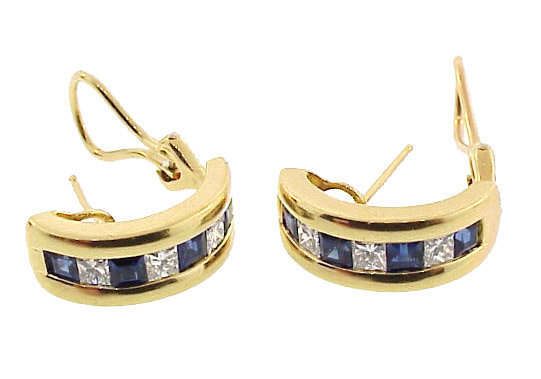 Kurt Wayne 18K Gold Diamond Sapphire Half-Hoop Earrings