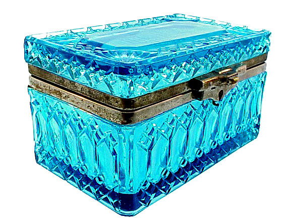 Imperial Russian Peacock Blue Pressed Glass Tea Caddy