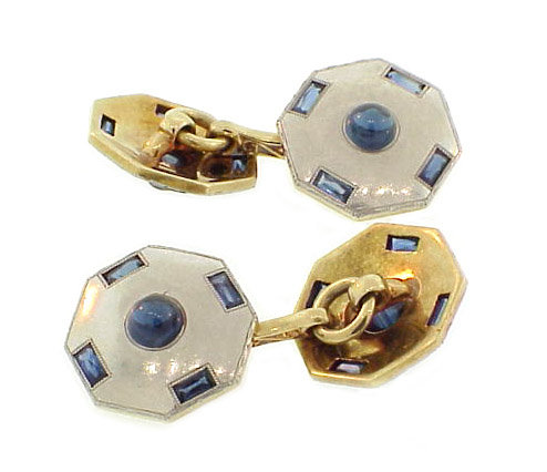 Art Deco Platinum, 14K Gold Sapphire Cufflinks