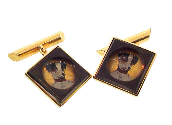 Edwardian 14K Gold &amp; Crystal Dog Cufflinks
