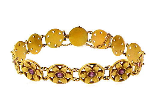 Victorian Art Nouveau 14K Gold &amp; Ruby Floral Bracelet