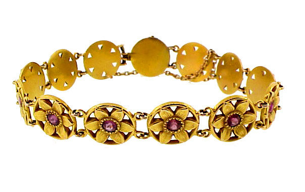 Victorian Art Nouveau 14K Gold &amp; Ruby Floral Bracelet