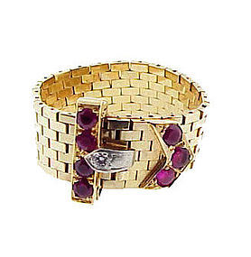 Retro Tiffany 14K Platinum Ruby Diamond Buckle Ring