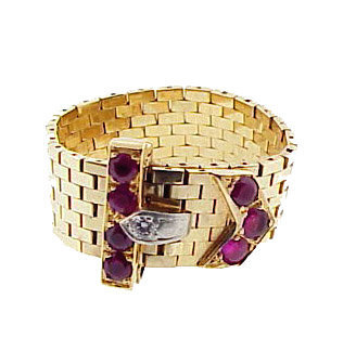 Retro Tiffany 14K Platinum Ruby Diamond Buckle Ring