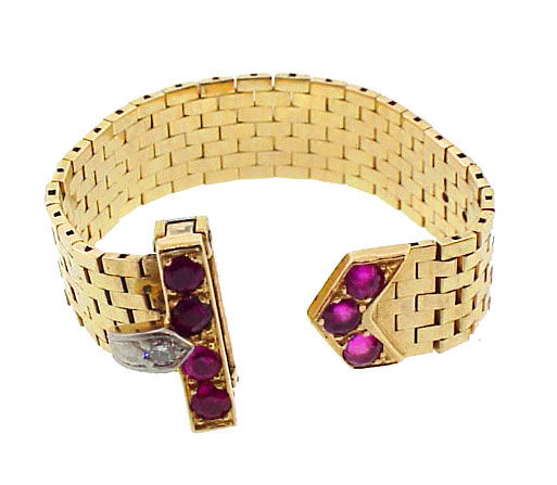 Retro Tiffany 14K Platinum Ruby Diamond Buckle Ring