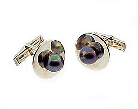 Ted Lowy Modernist Silver Black Pearl Cufflinks