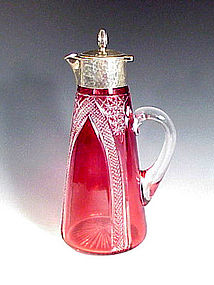 English Cranberry Cut Glass Sterling Silver Claret Jug