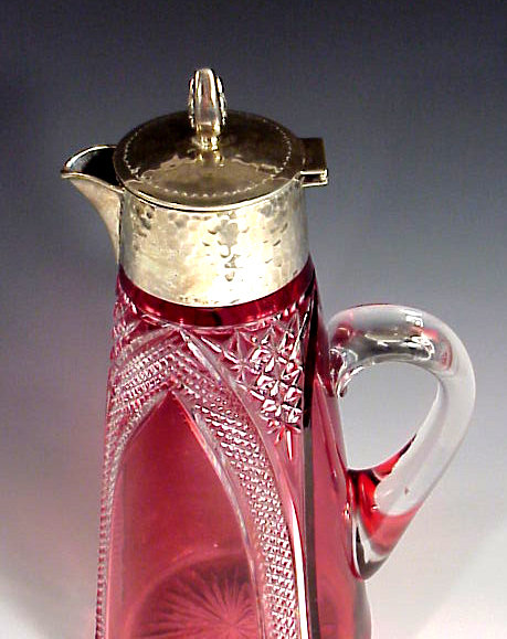 English Cranberry Cut Glass Sterling Silver Claret Jug