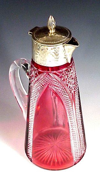 English Cranberry Cut Glass Sterling Silver Claret Jug