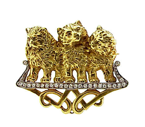 French Art Nouveau 18K Gold &amp; Diamond Cat Brooch