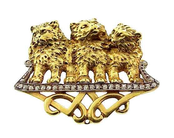 French Art Nouveau 18K Gold &amp; Diamond Cat Brooch