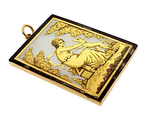 Georgian 18K Gold Verre Eglomise Neoclassical Pendant