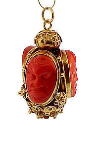 Venetian Etruscan 18K Gold & Coral Cameo Fob Charm
