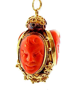 Venetian Etruscan 18K Gold &amp; Coral Cameo Fob Charm