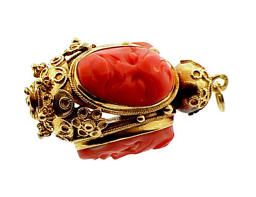 Venetian Etruscan 18K Gold &amp; Coral Cameo Fob Charm