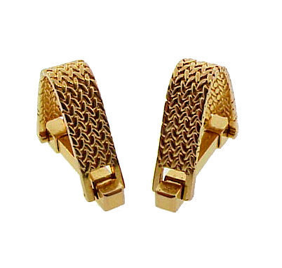 French 18K Gold Herringbone Weave Stirrup Cufflinks