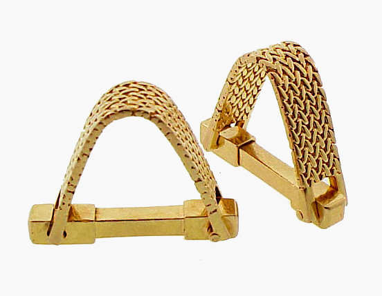 French 18K Gold Herringbone Weave Stirrup Cufflinks