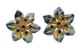 Art Nouveau 14K Gold Sapphire Enamel Flower Earrings