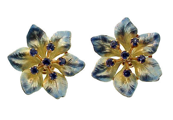 Art Nouveau 14K Gold Sapphire Enamel Flower Earrings