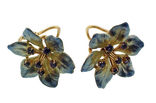 Art Nouveau 14K Gold Sapphire Enamel Flower Earrings