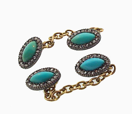 Georgian 15K Gold Silver Turquoise Diamond Cufflinks