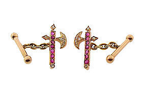 Victorian 14K Ruby Diamond Scottish Halberd Cufflinks