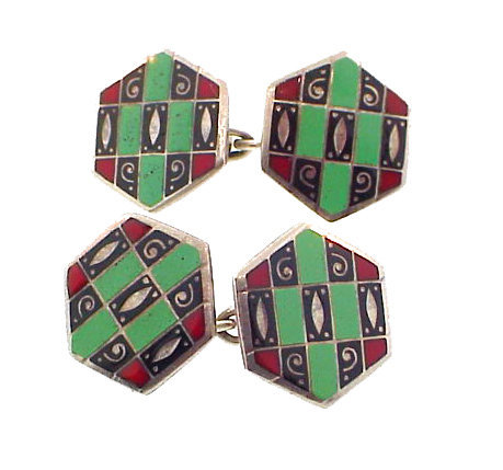 Signed French Art Deco Enameled Silver Cufflinks