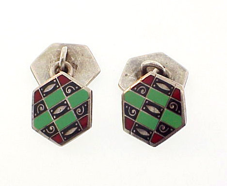 Signed French Art Deco Enameled Silver Cufflinks