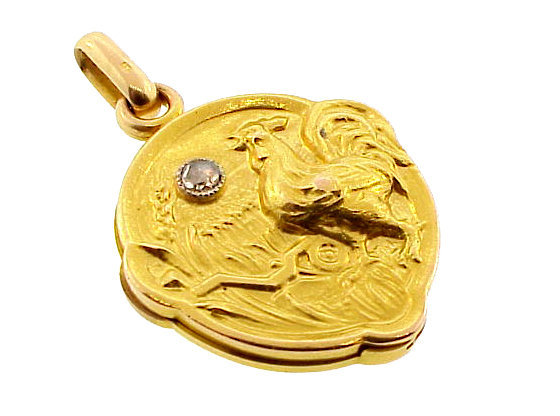 Art Nouveau 18K Gold &amp; Diamond Rooster Slide Locket