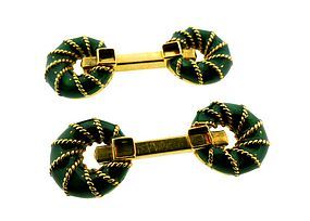 French 18K Gold & Enamel Horsebit Cufflinks