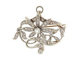 Art Nouveau Platinum 18K Diamond Floral Pendant Pin