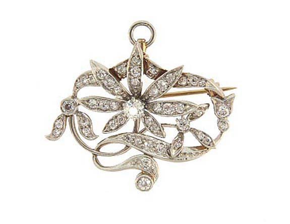 Art Nouveau Platinum 18K Diamond Floral Pendant Pin
