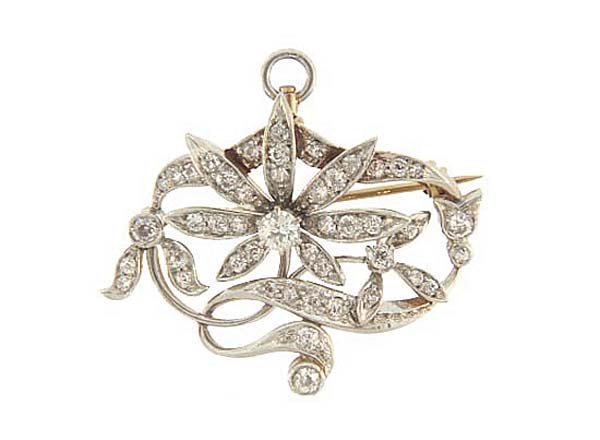 Art Nouveau Platinum 18K Diamond Floral Pendant Pin