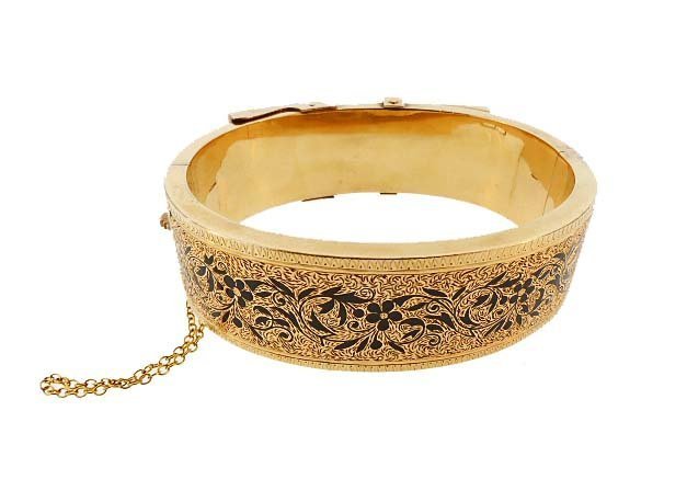 Pair Victorian 14K Gold Enamel Bangle Buckle Bracelets
