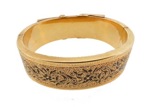 Pair Victorian 14K Gold Enamel Bangle Buckle Bracelets