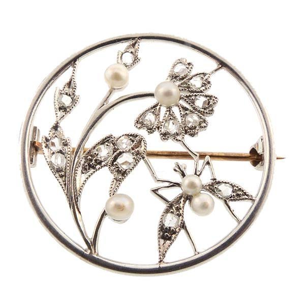 Edwardian Tiffany Platinum Diamond Pearl Flower Bug Pin