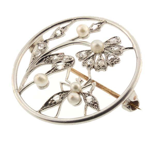Edwardian Tiffany Platinum Diamond Pearl Flower Bug Pin