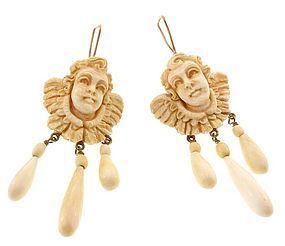 Victorian Carved Ivory & Gold Cherub Girandole Earrings