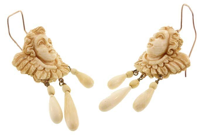 Victorian Carved Ivory &amp; Gold Cherub Girandole Earrings