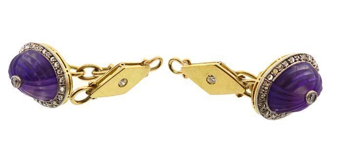 Art Deco 18K Gold, Carved Amethyst &amp; Diamond Cufflinks