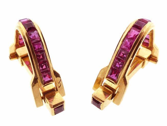 Retro 18K Yellow Gold Synthetic Ruby Stirrup Cufflinks