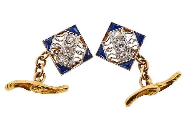 Edwardian 18K Gold Platinum Diamond Sapphire Cufflinks